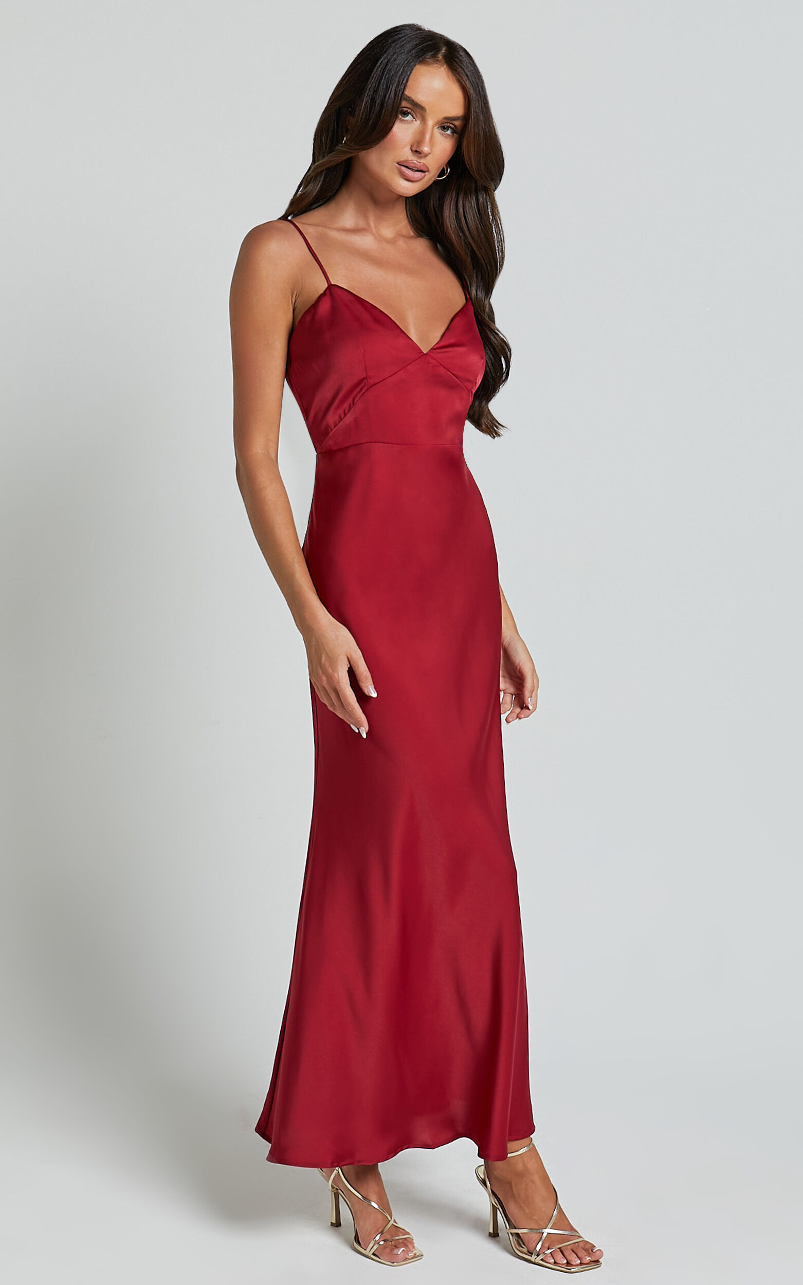 Jovana Midi Dress - Bust Panel Detail Satin Slip Dress in Wine