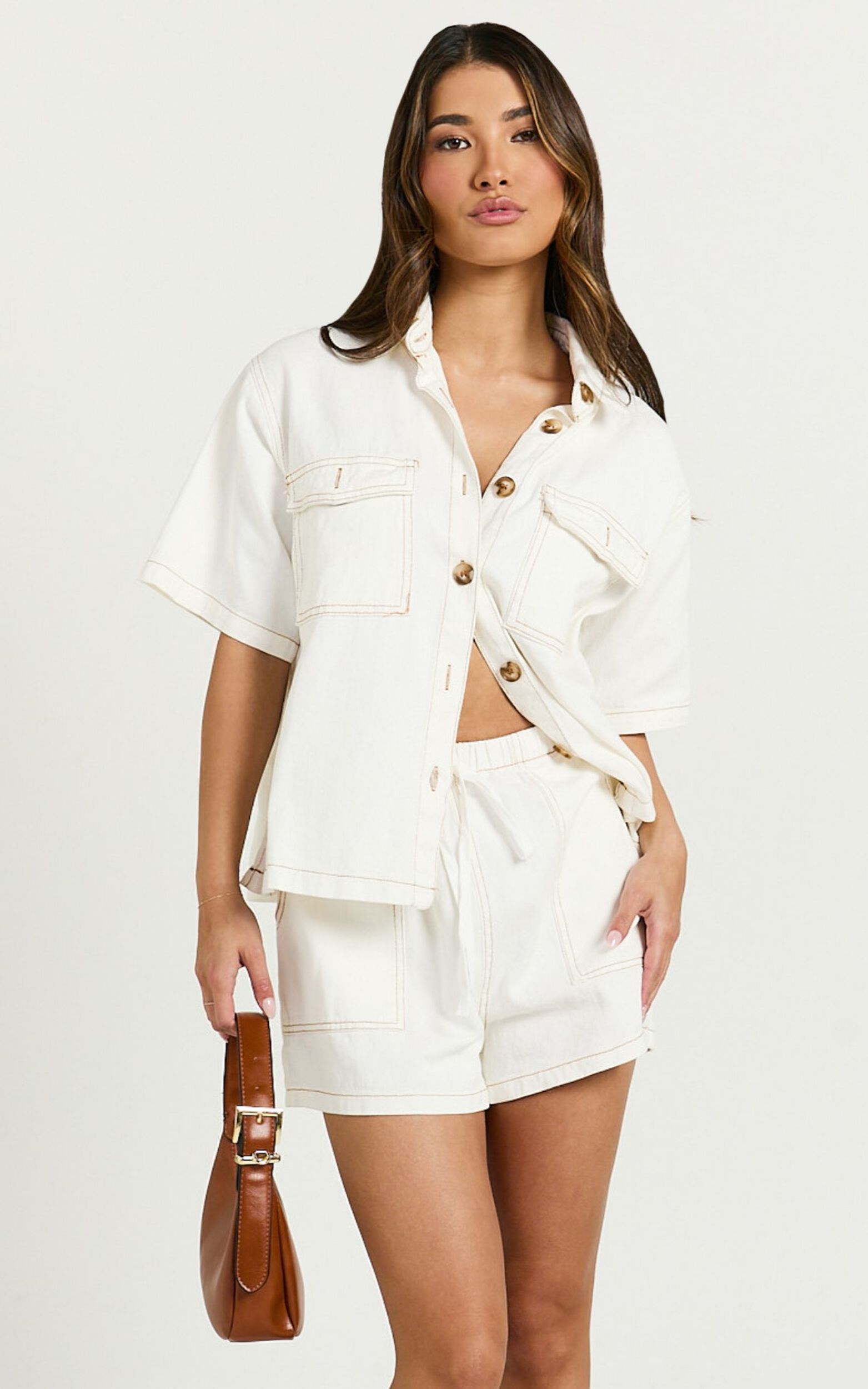 Brydie Two Piece Set - Denim Short Set in White