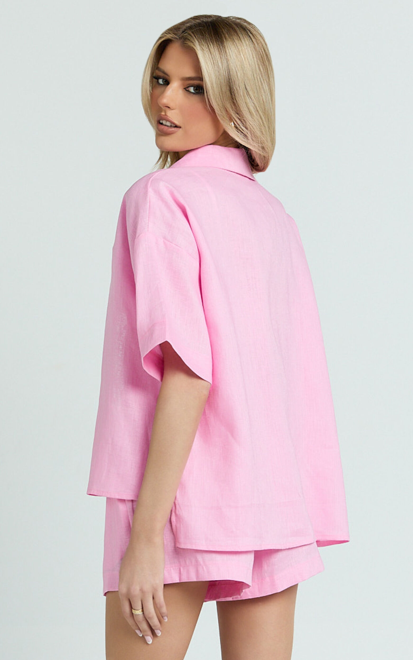 Ramona Top - Linen Short Sleeve Shirt in Pink