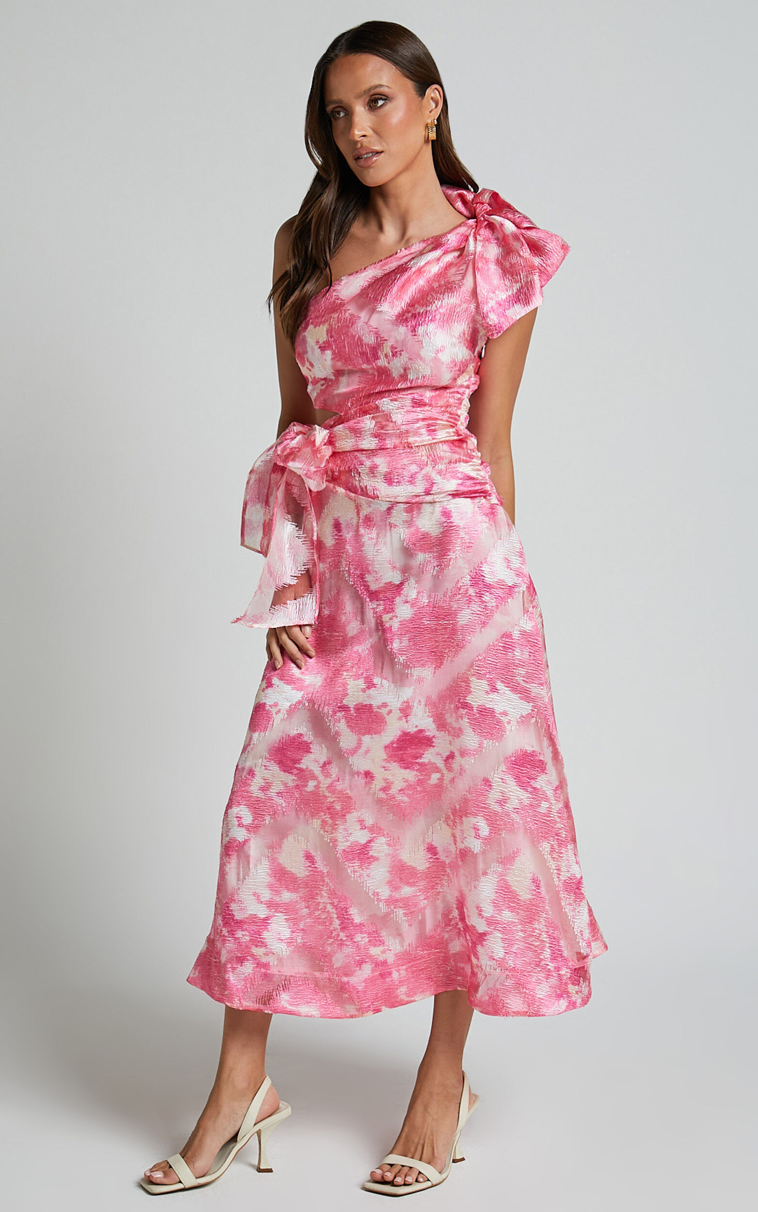 Adelia Midi Dress - One Shoulder Tie Side Cut Out Ribbon Detail Dress in Print