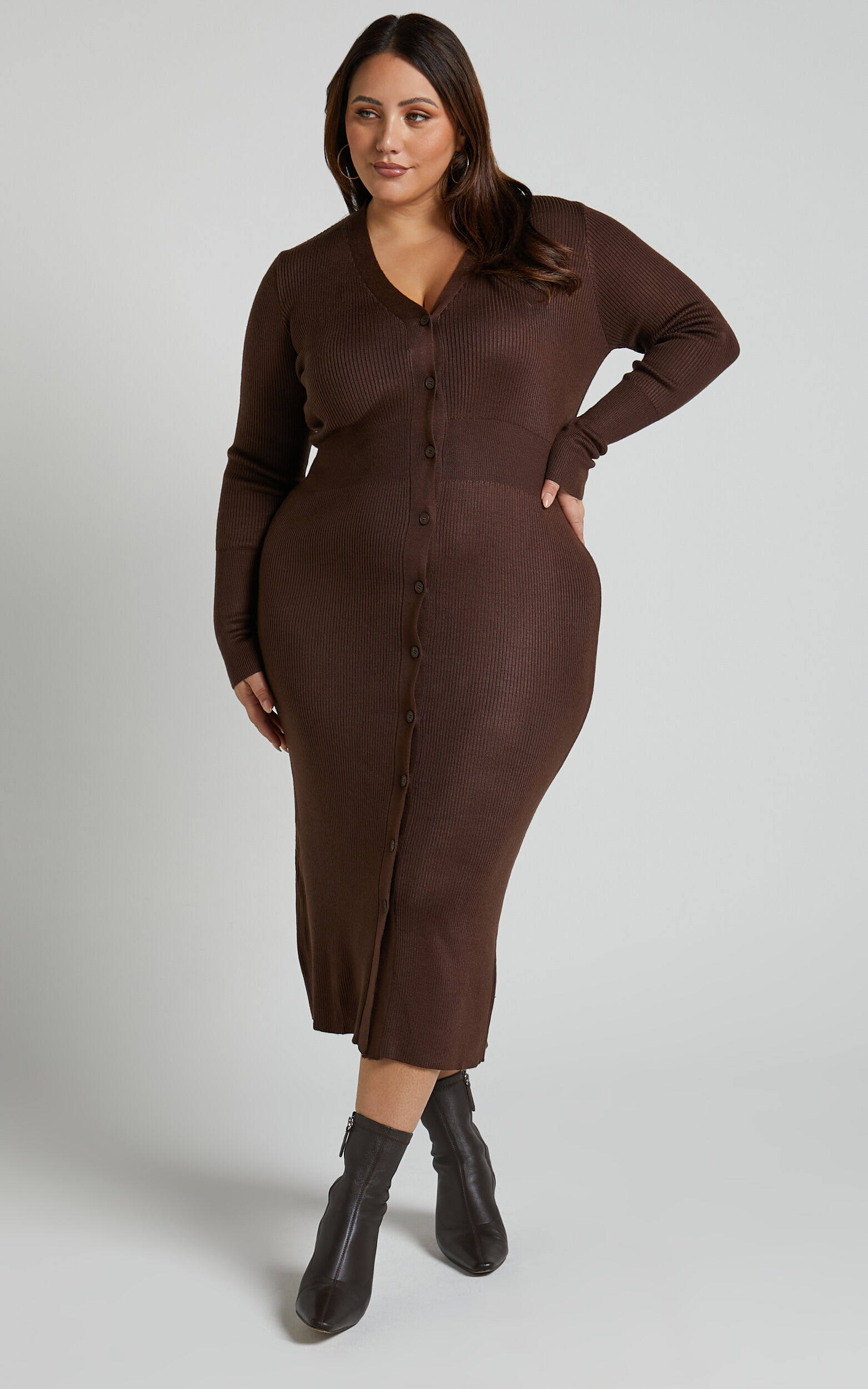 Leahanna Midi Dress - Button Front Knit Dress in Dark Oak