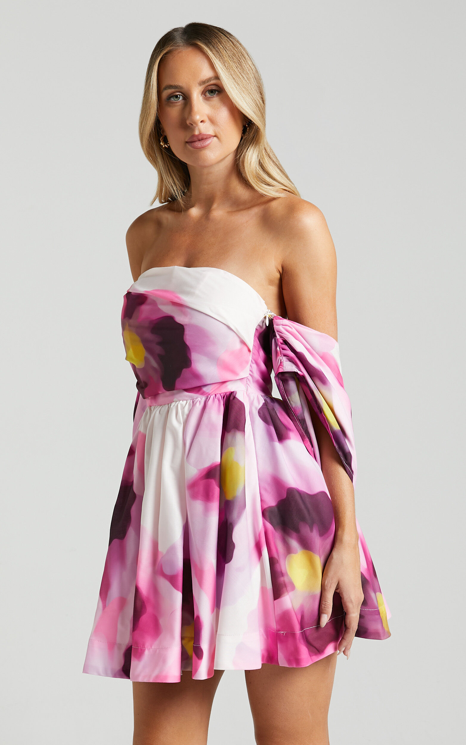 Claudie Off Shoulder Mini Dress in Zinnia Bloom