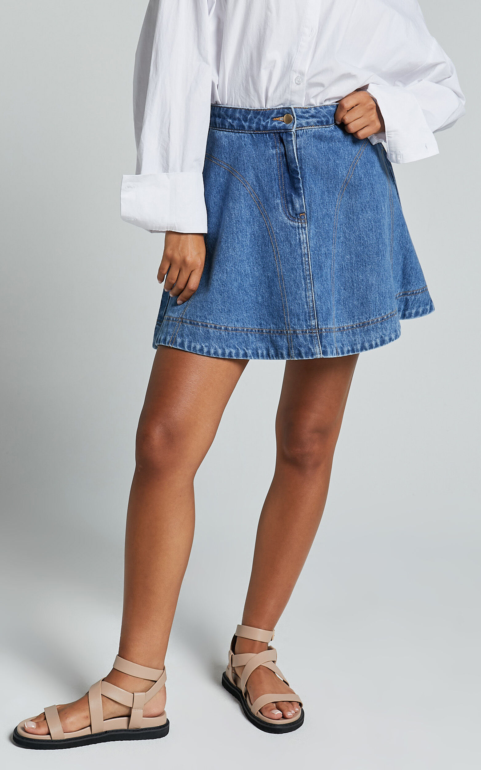 Koemi Skirt - High Waisted Denim Flare in Mid Blue Wash