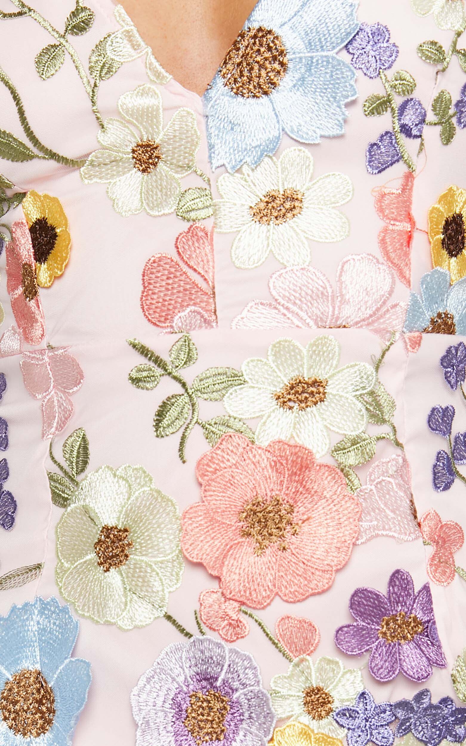 Wren Mini Dress - Puff Sleeve Bodycon 3d Garden Flowers Dress in Pink