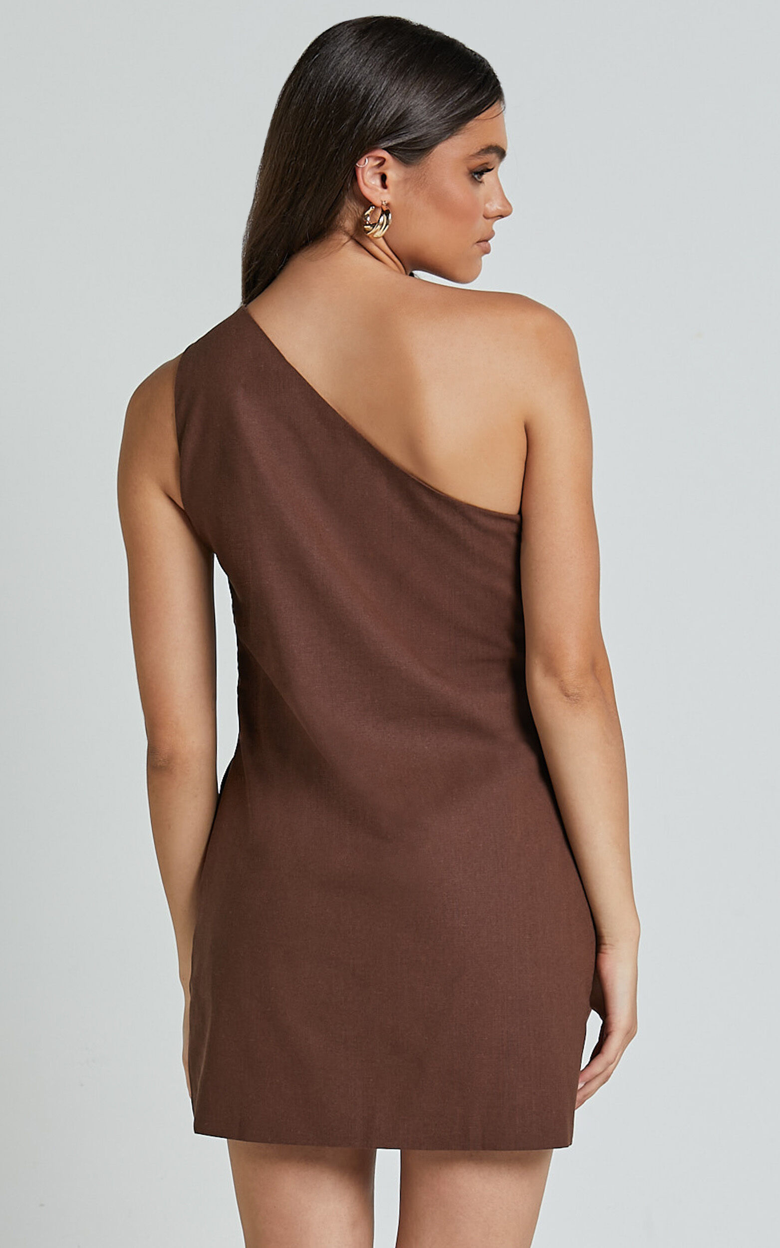 Mardelle Mini Dress - Linen One Shoulder Shift Dress in Chocolate