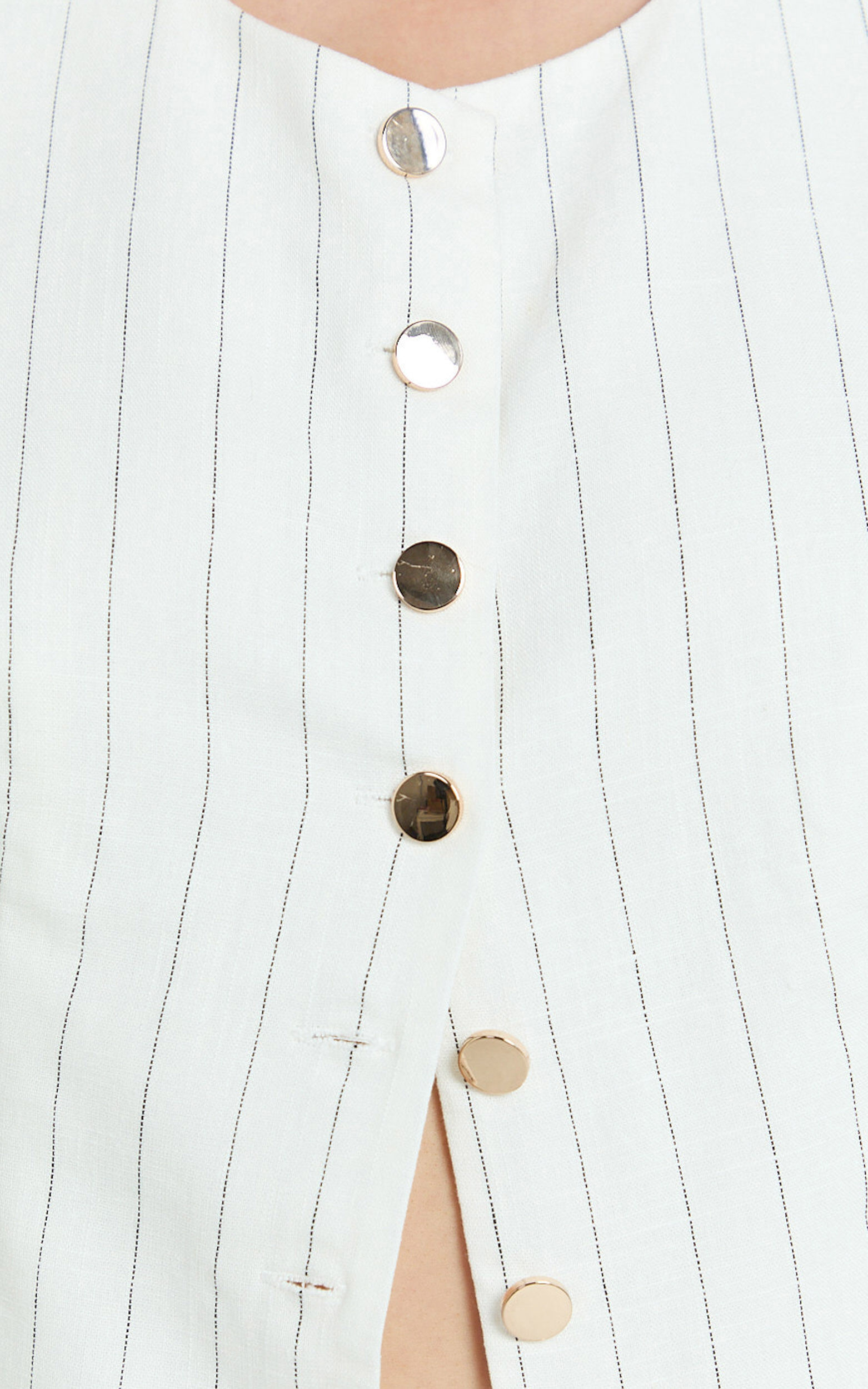 Calvin Two Piece Set - Tailored Scoop Neck Vest Top and A Line Mini Skirt Set in White Pinstripe