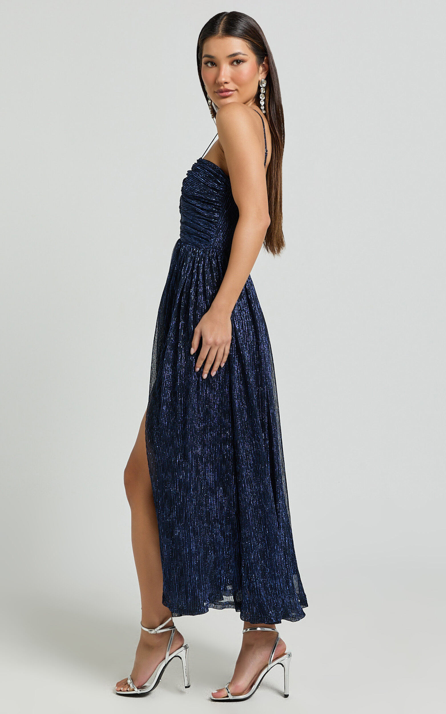 Sara Midi Dress - Ruched Bodice Lurex Dress in Navy