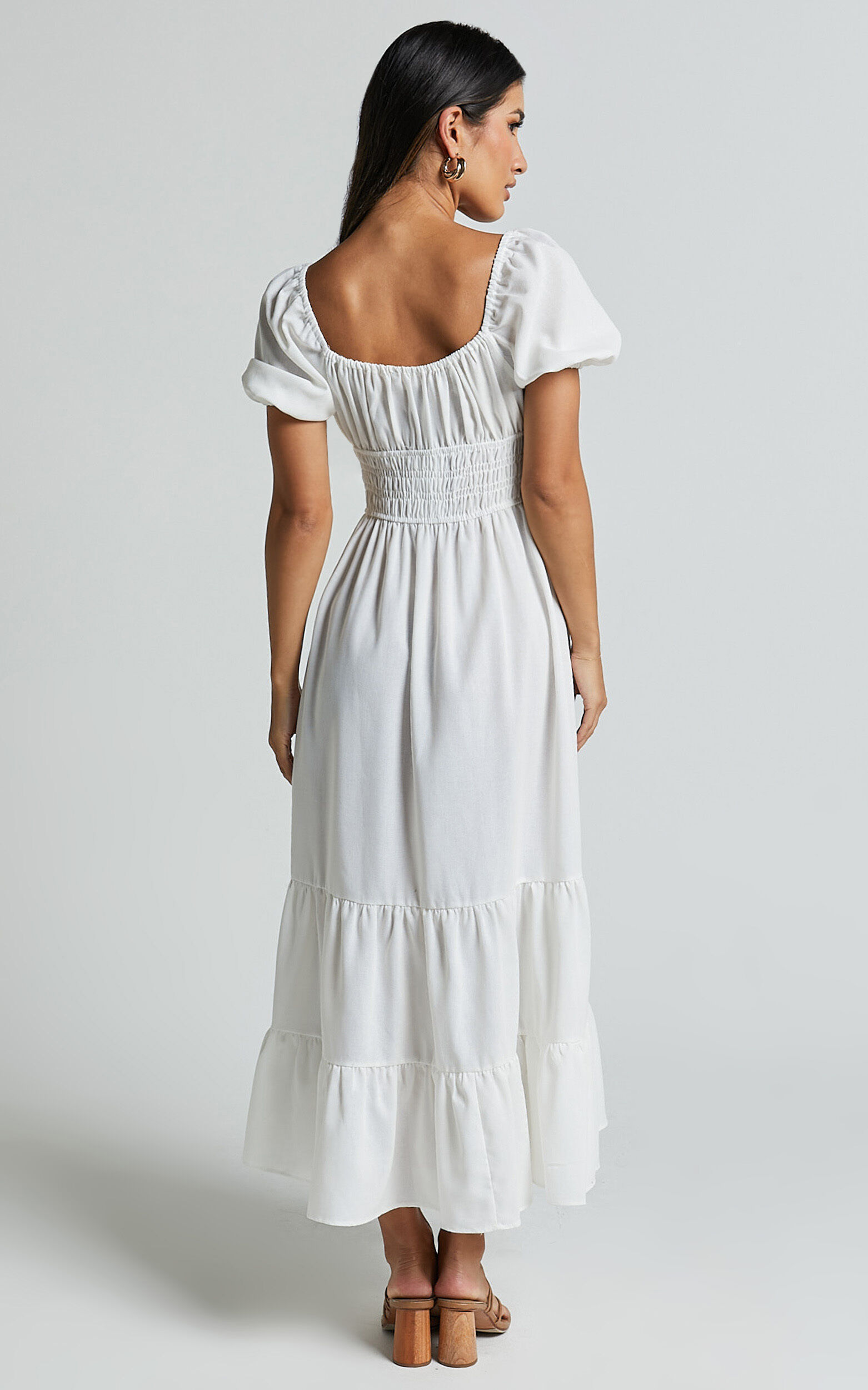 Claritza Midi Dress - Linen Look Short Puff Sleeve Square Neck Tiered Dress in White