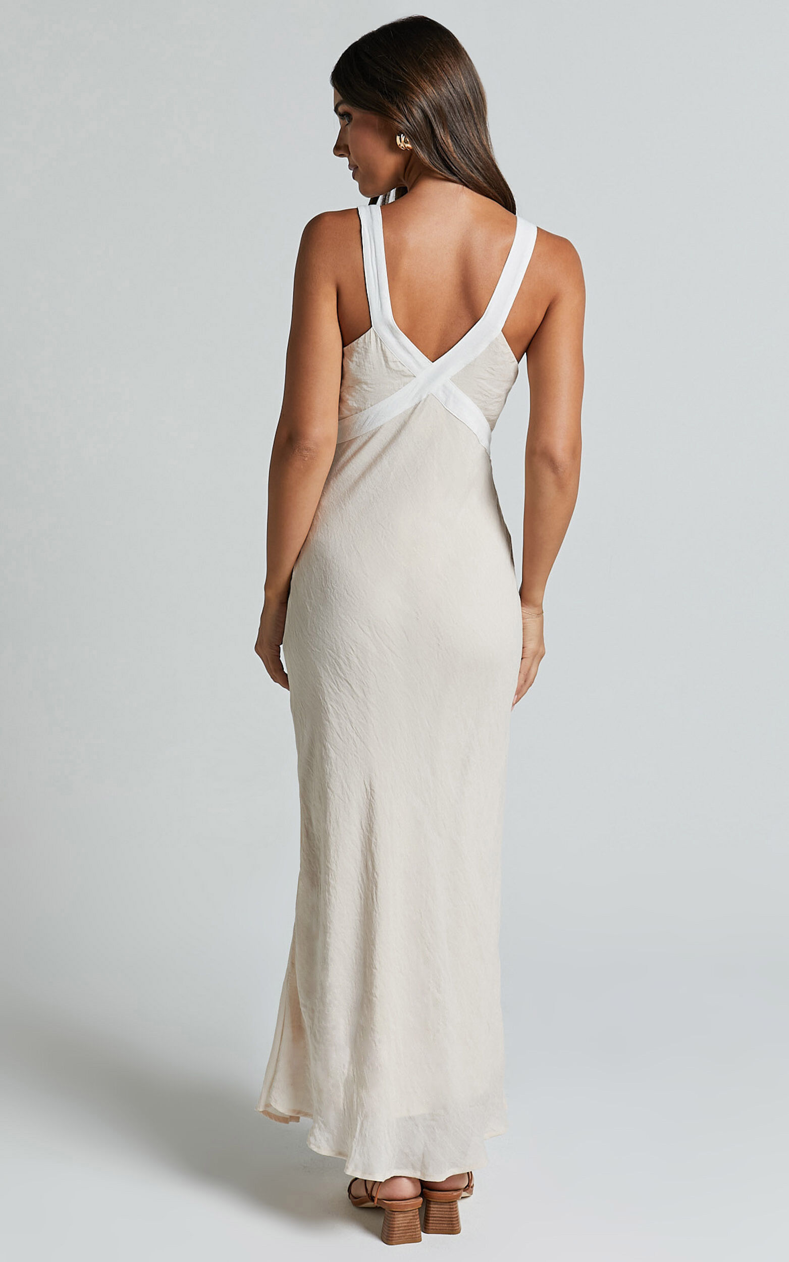 Chakyra Midi Linen Dress - Contrast Strap Bias Cut Column Dress in Beige with White Contrast