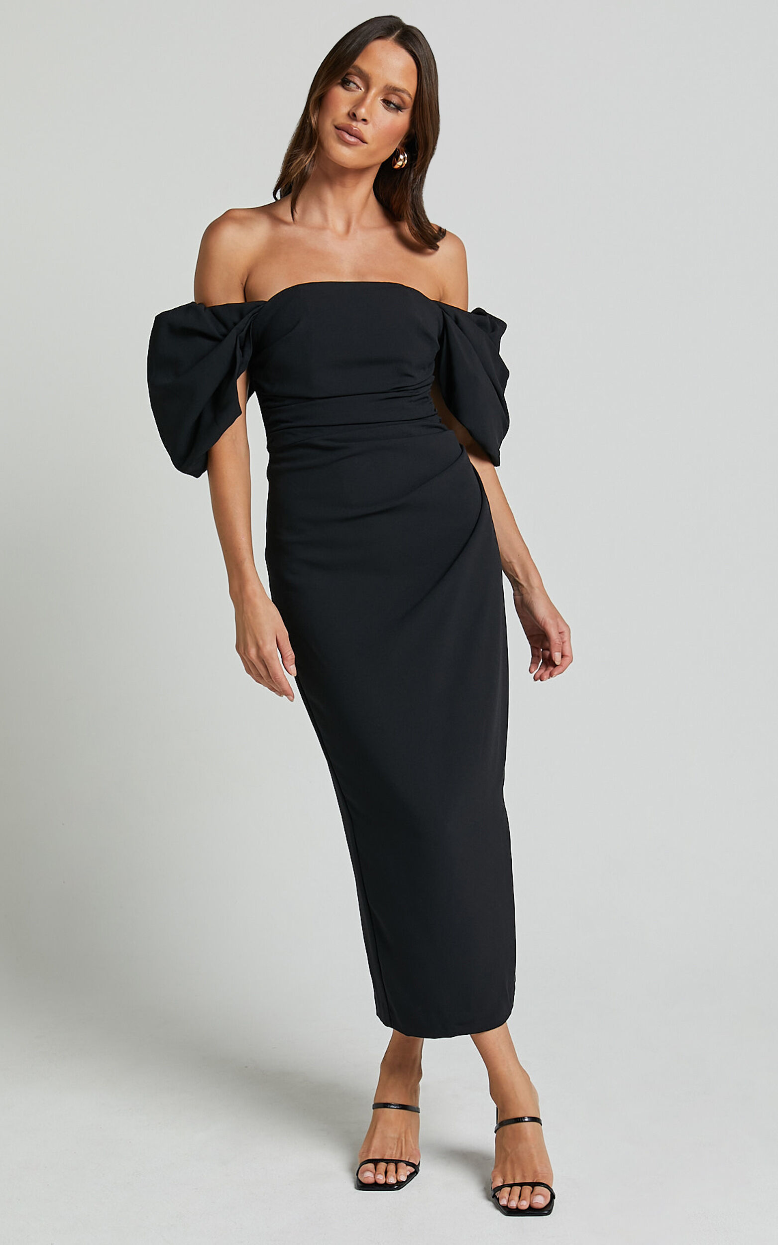 Lohan Midi Dress - Off Shoulder Puff Sleeve in Black
