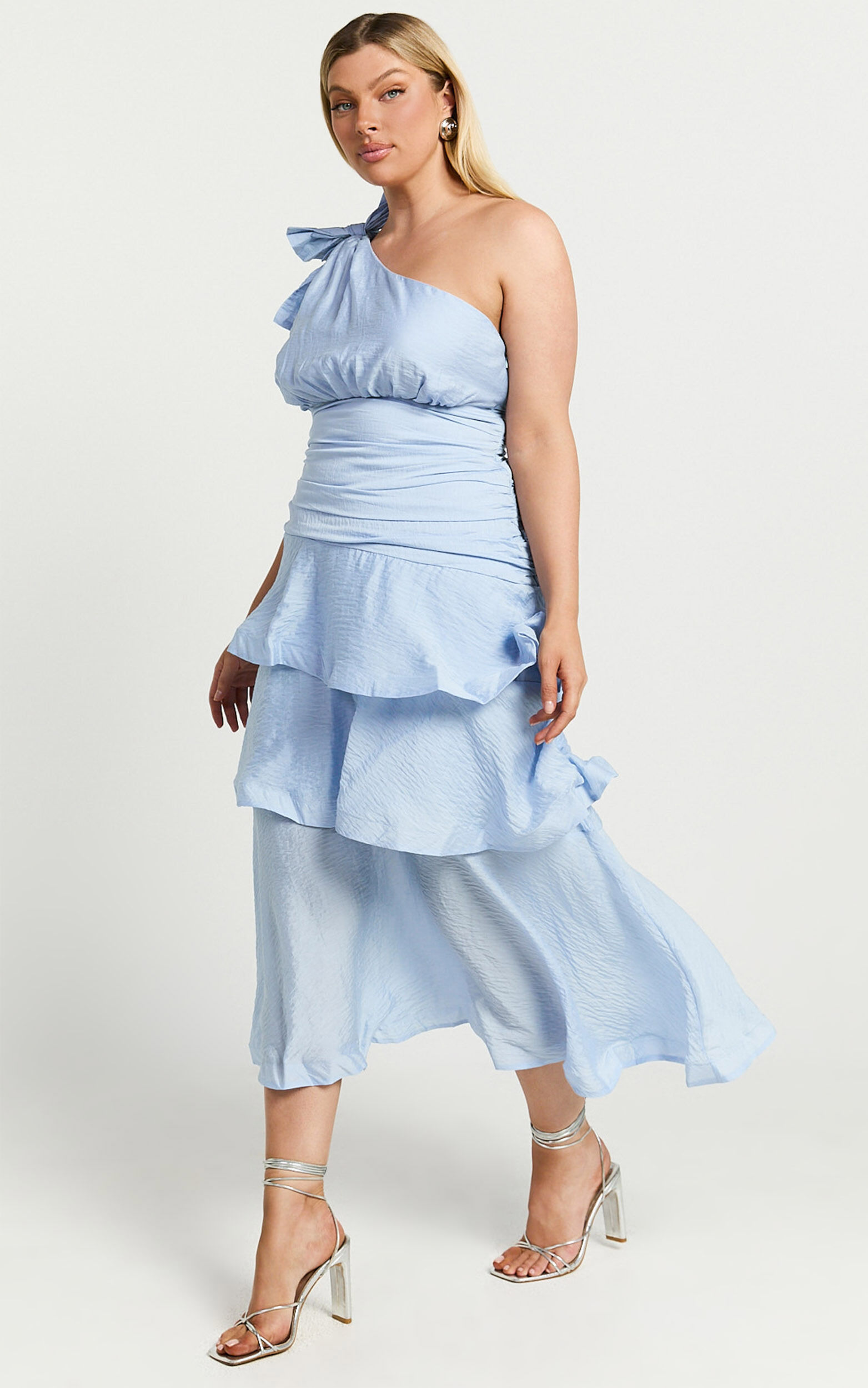 Eugenia Midi Dress - One Shoulder Fit and Flare Layered Dress in Pale Blue