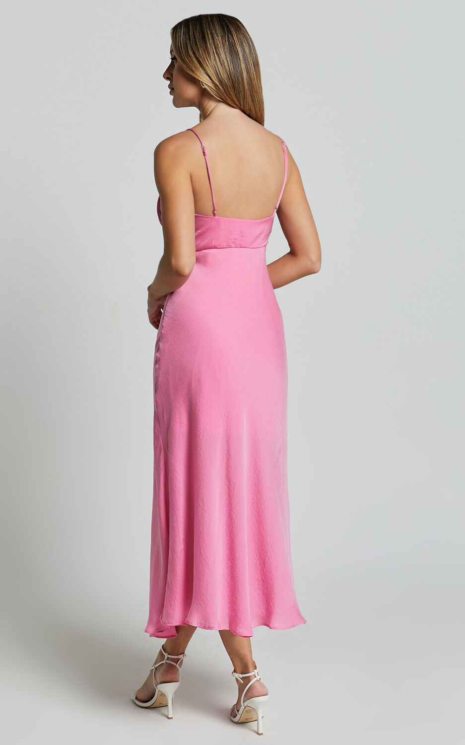Krysta Midi Dress - Sweetheart Ruched Bust Slip Dress in Pink