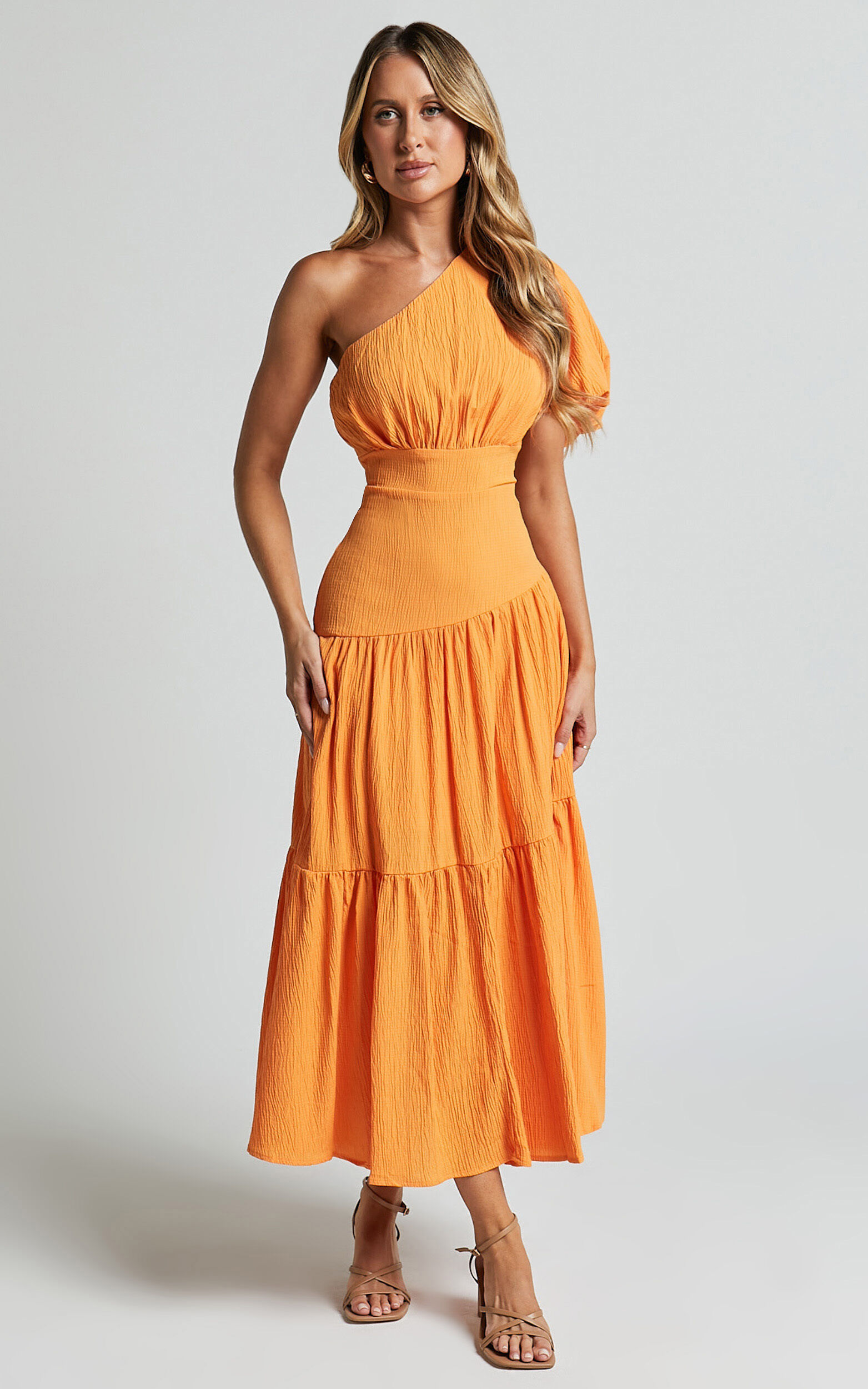 Ciara Midi Dress - One Shoulder Short Puff Sleeve Tiered Dress in Mango