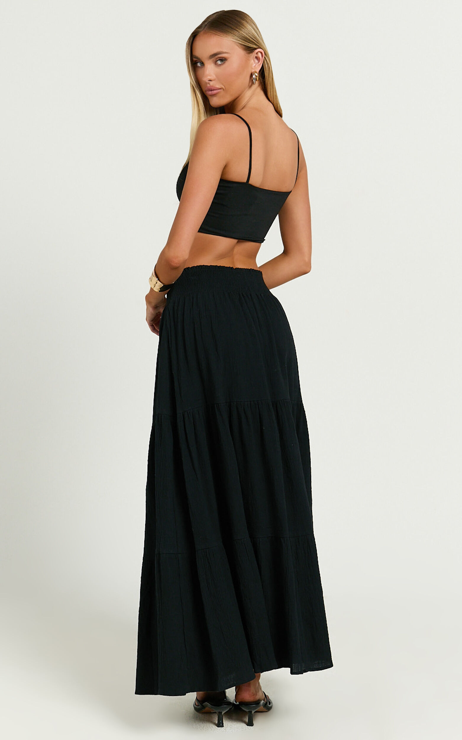 Ruby Midi Skirt - Shirred High Waist Cotton Tiered Midi Skirt in Black
