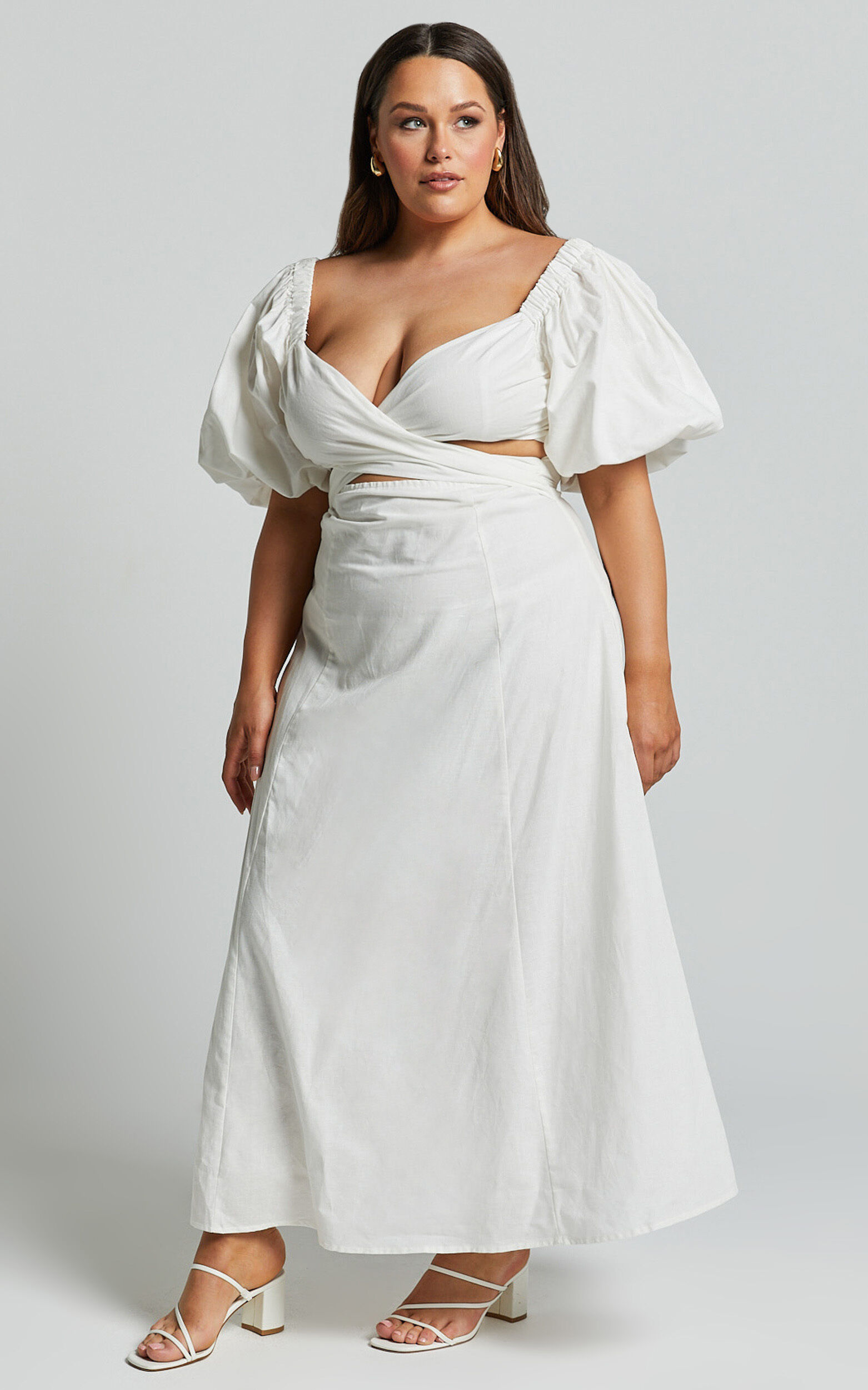 Amalie The Label - Janae Linen Blend Puff Sleeve Cut Out Midi Dress in White