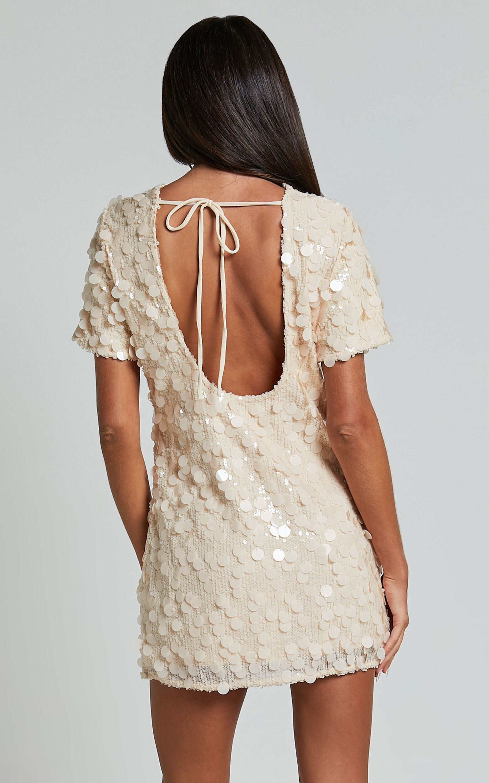 Drea Mini Dress - Short Sleeve Low Back Sequin Dress in Cream