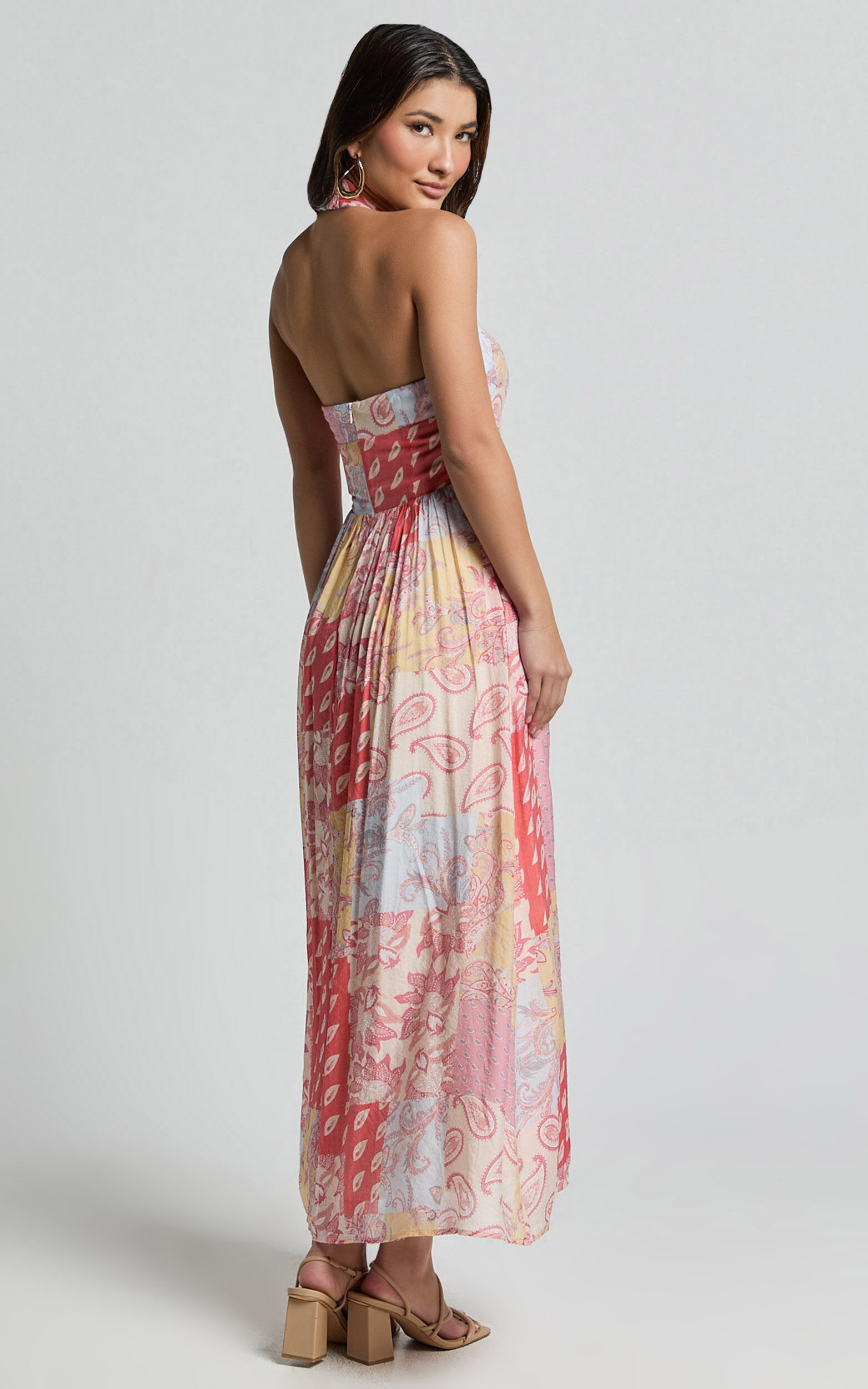 Anziel Midi Dress - Halter Tie Back Tiered Dress in Pink Patchwork Print