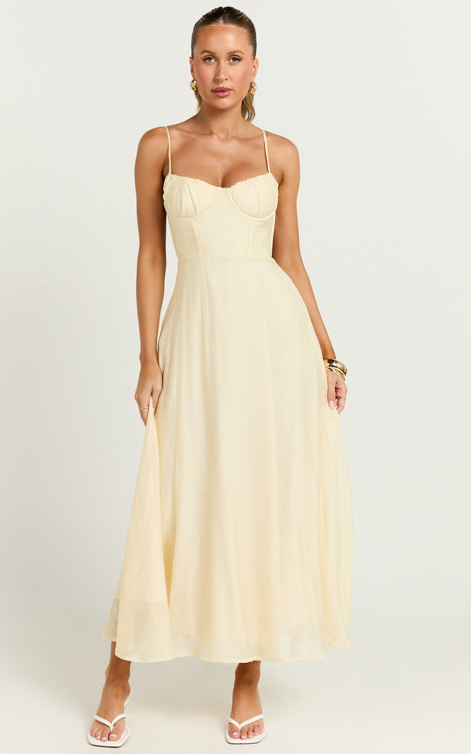 Avalyn Midi Dress - Ruched Bust Corset Dress in Butter