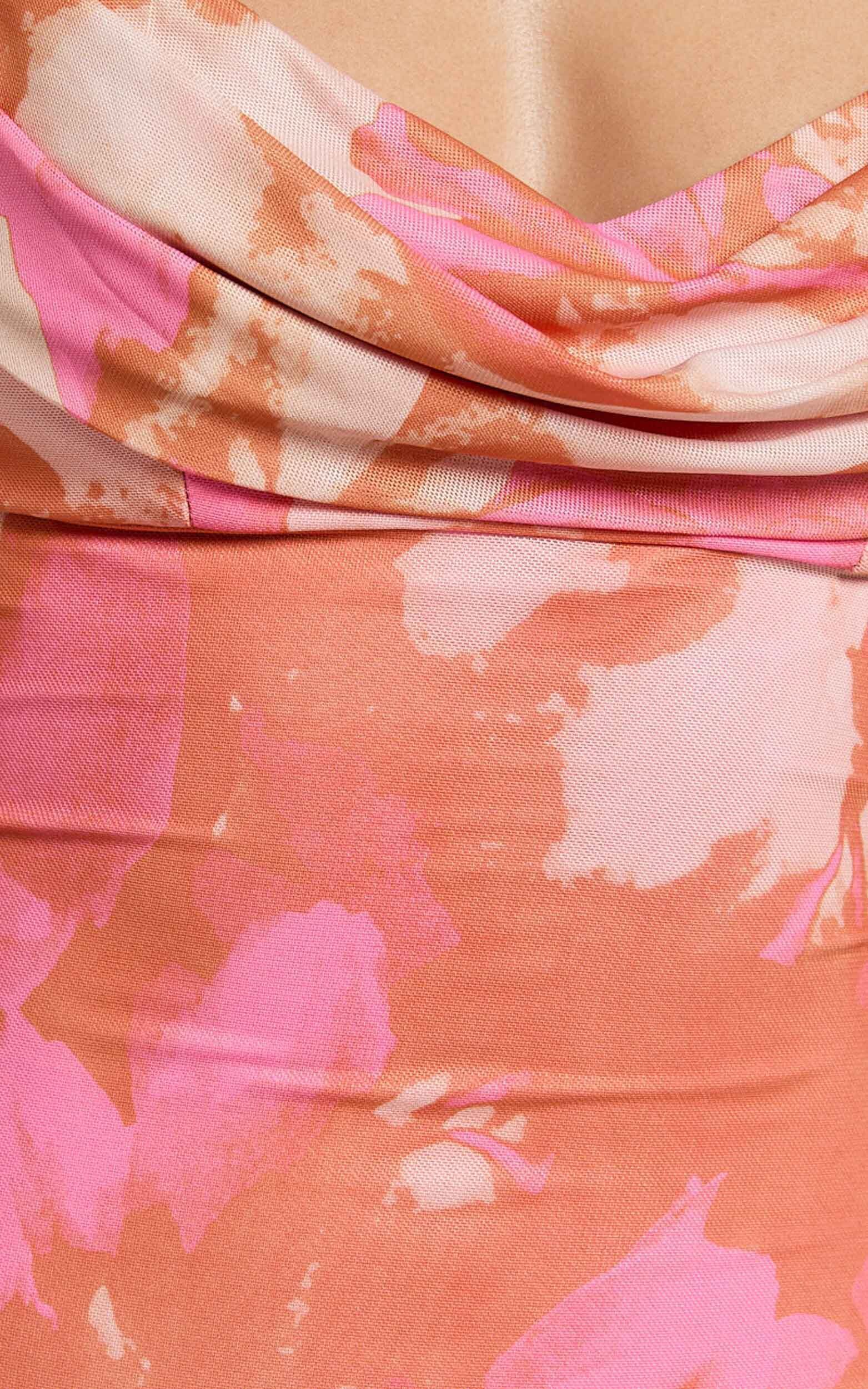 Ariel Midi Dress - Mesh Bodycon Tie Detail Dress in Pink Blur Print