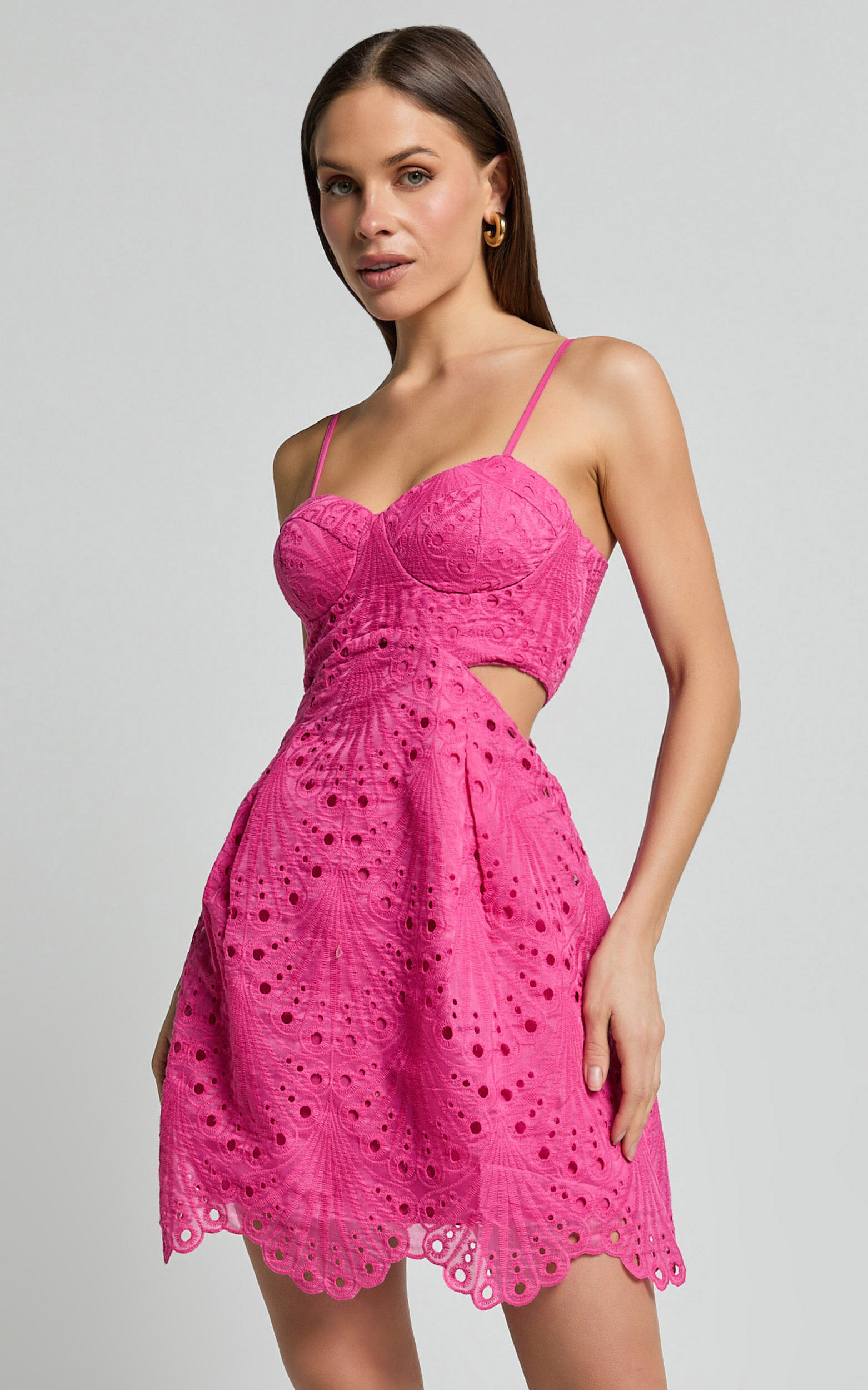 Layne Mini Dress - Strappy Cut Out Embroidered Dress in Pink