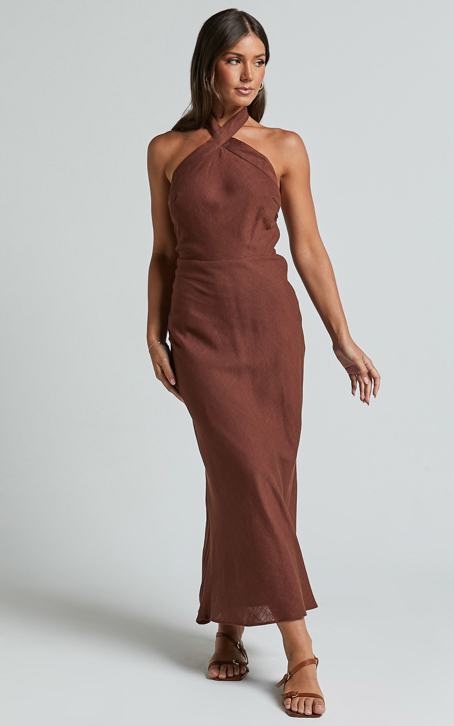 Maelynn Midi Dress - Linen Twist Halter Neck Low Back Slip Dress in Chocolate