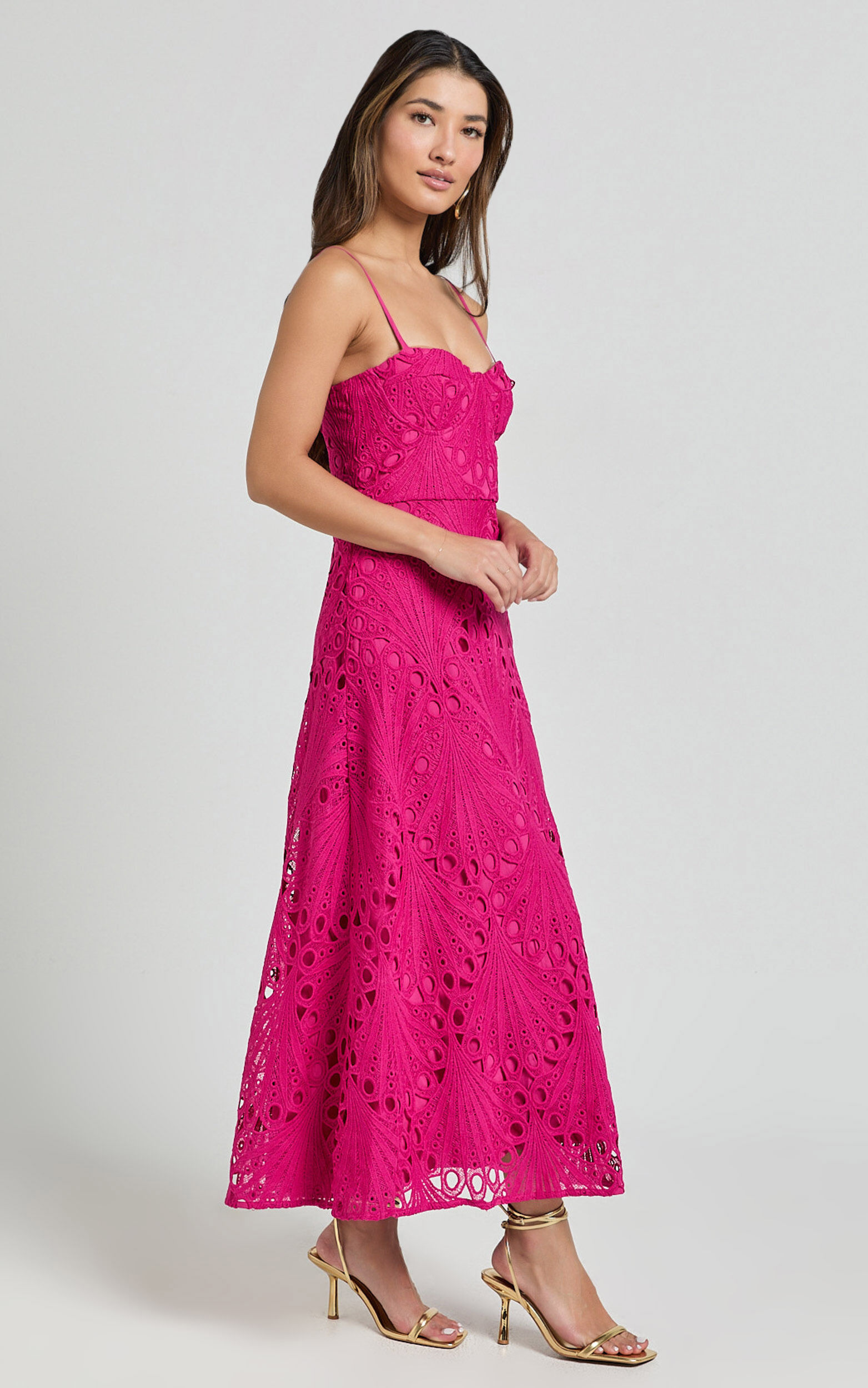 Nikka Midi Dress - Sweetheart Bustier Lace Dress in Pink