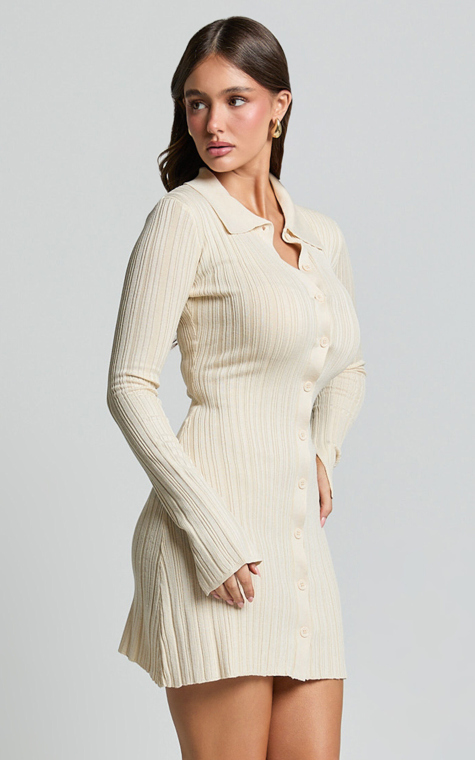 Kelsey Mini Dress - Button Through Long Sleeve Knit Dress in Cream