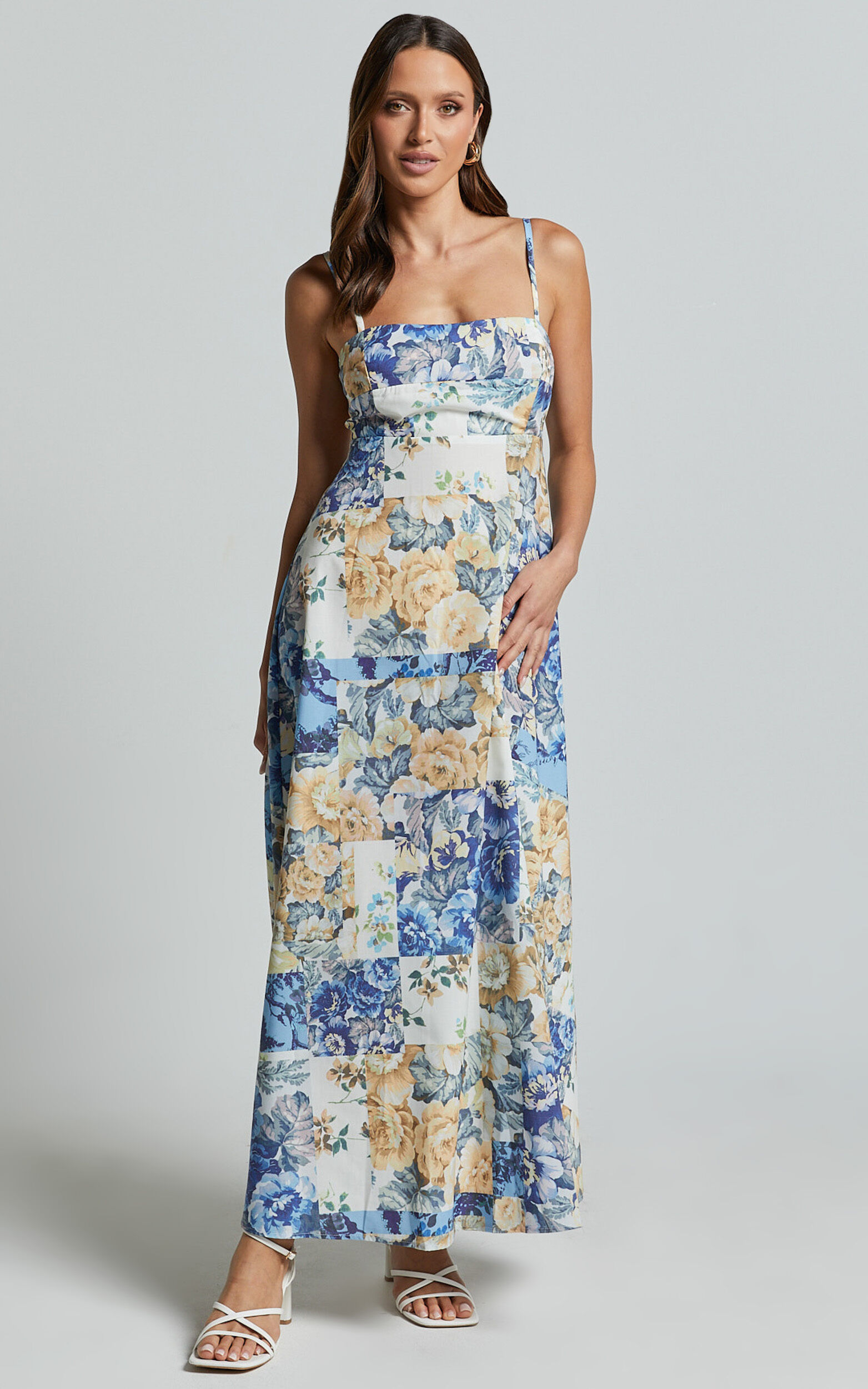 Olivia Midi Dress - Straight Neck Strappy A-Line Dress in Patchwork Floral
