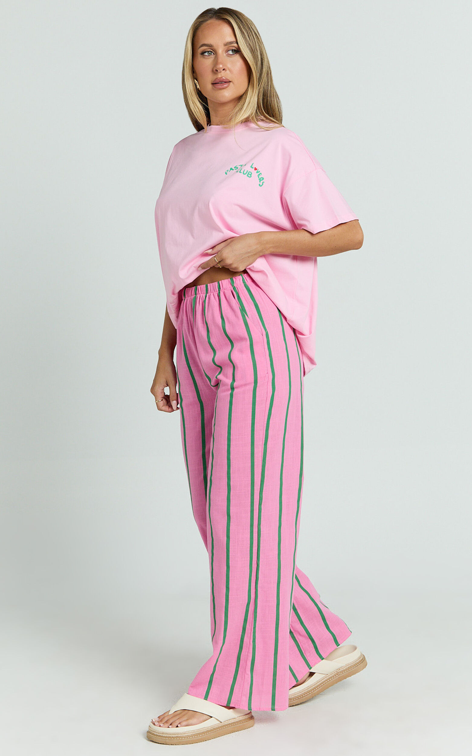 Alda Two Piece Set - Pasta Lovers Club Tee and Striped Pant Set in Pink