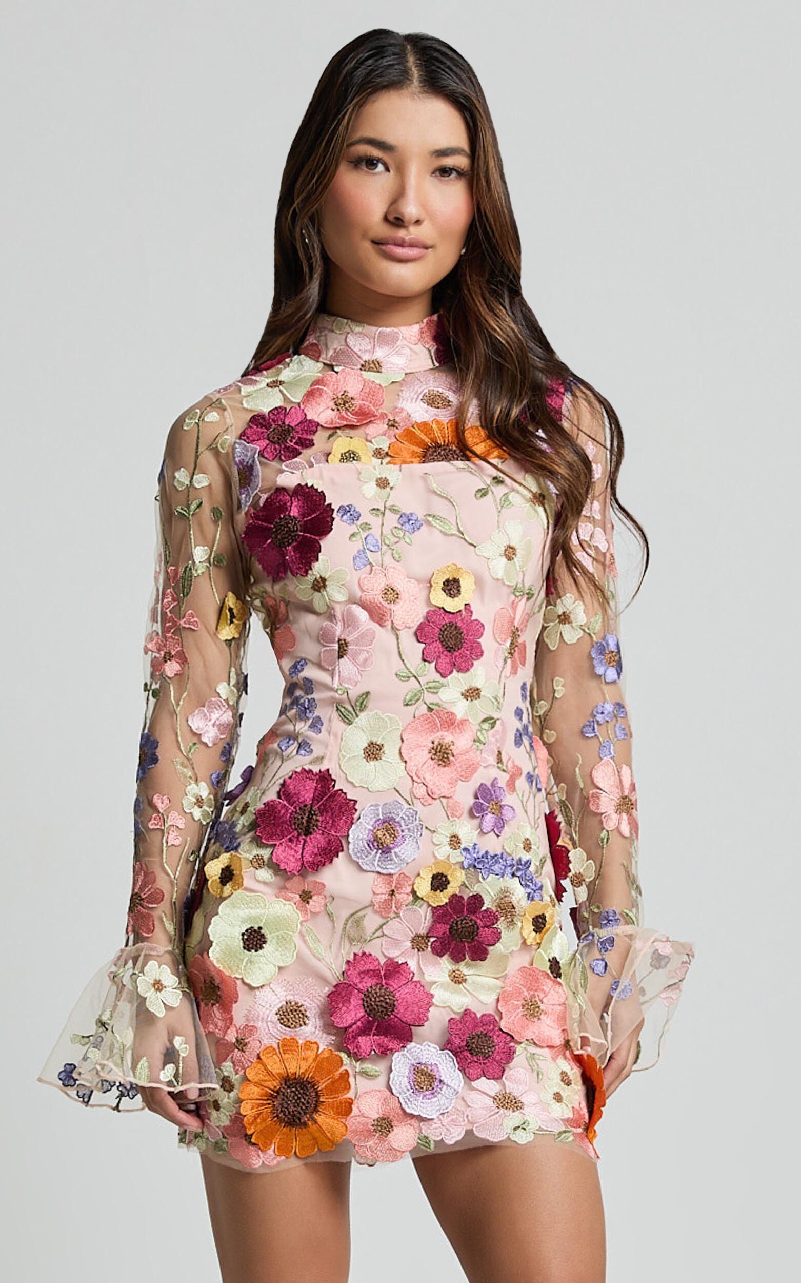 Albina Mini Dress - High Neck Long Sleeve Back Cut Out Dress in Pink