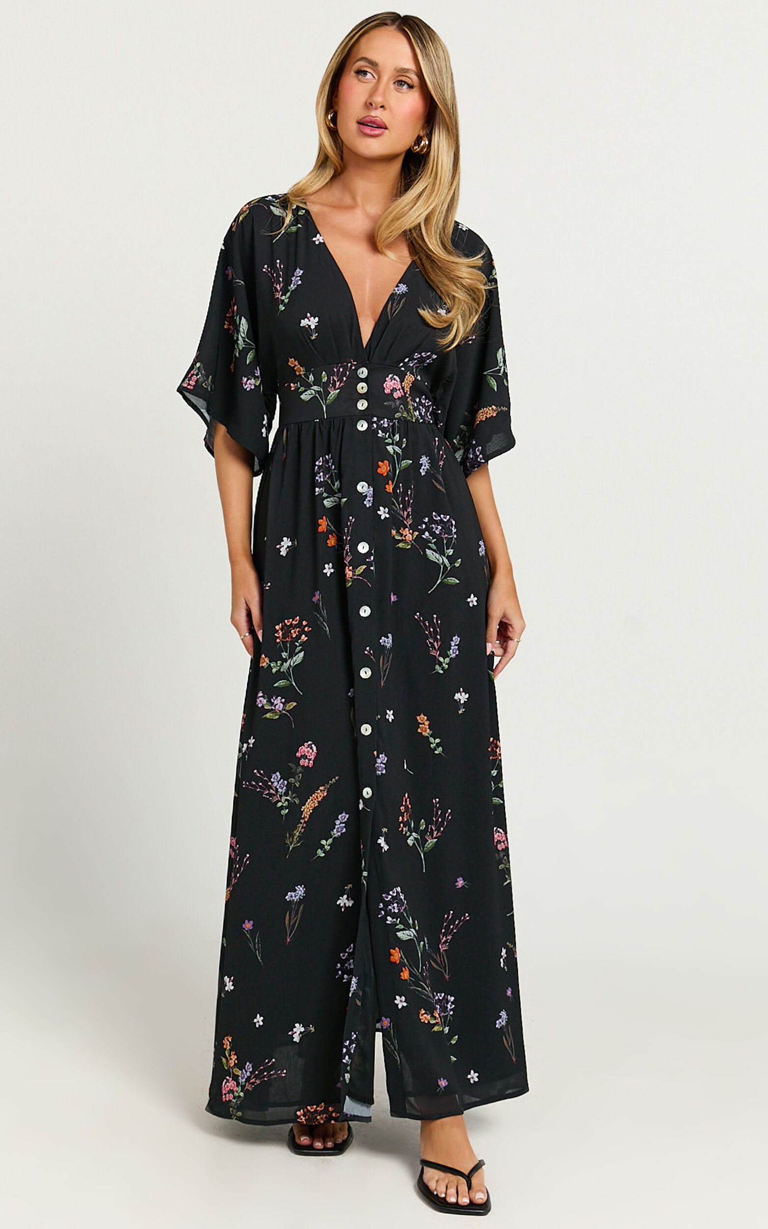 Inka Midi Dress - Short Sleeve Button Down Dress in Black Flower Field