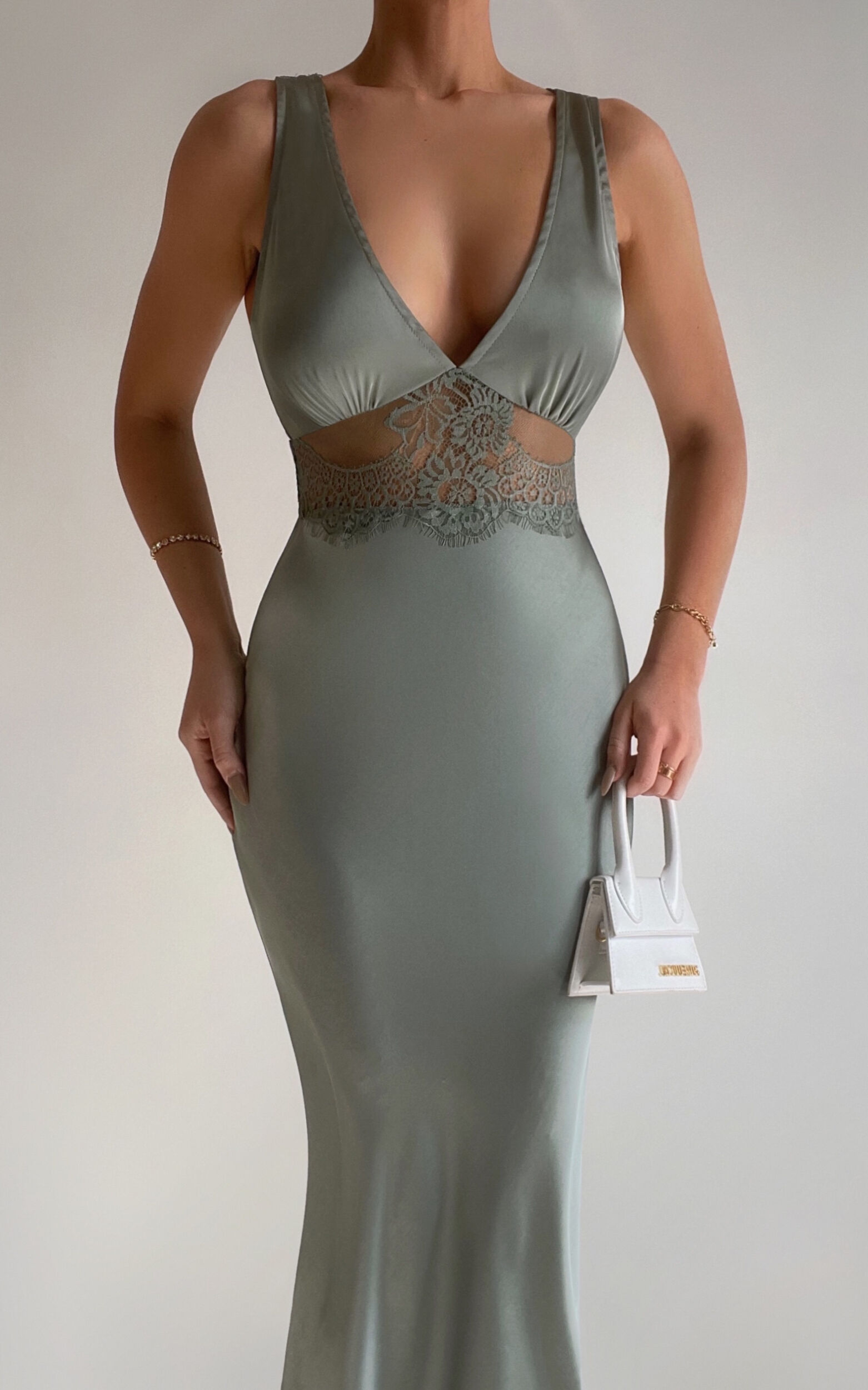 Juliet Midi Dress - V Neck Lace Insert Satin Slip Dress in Olive