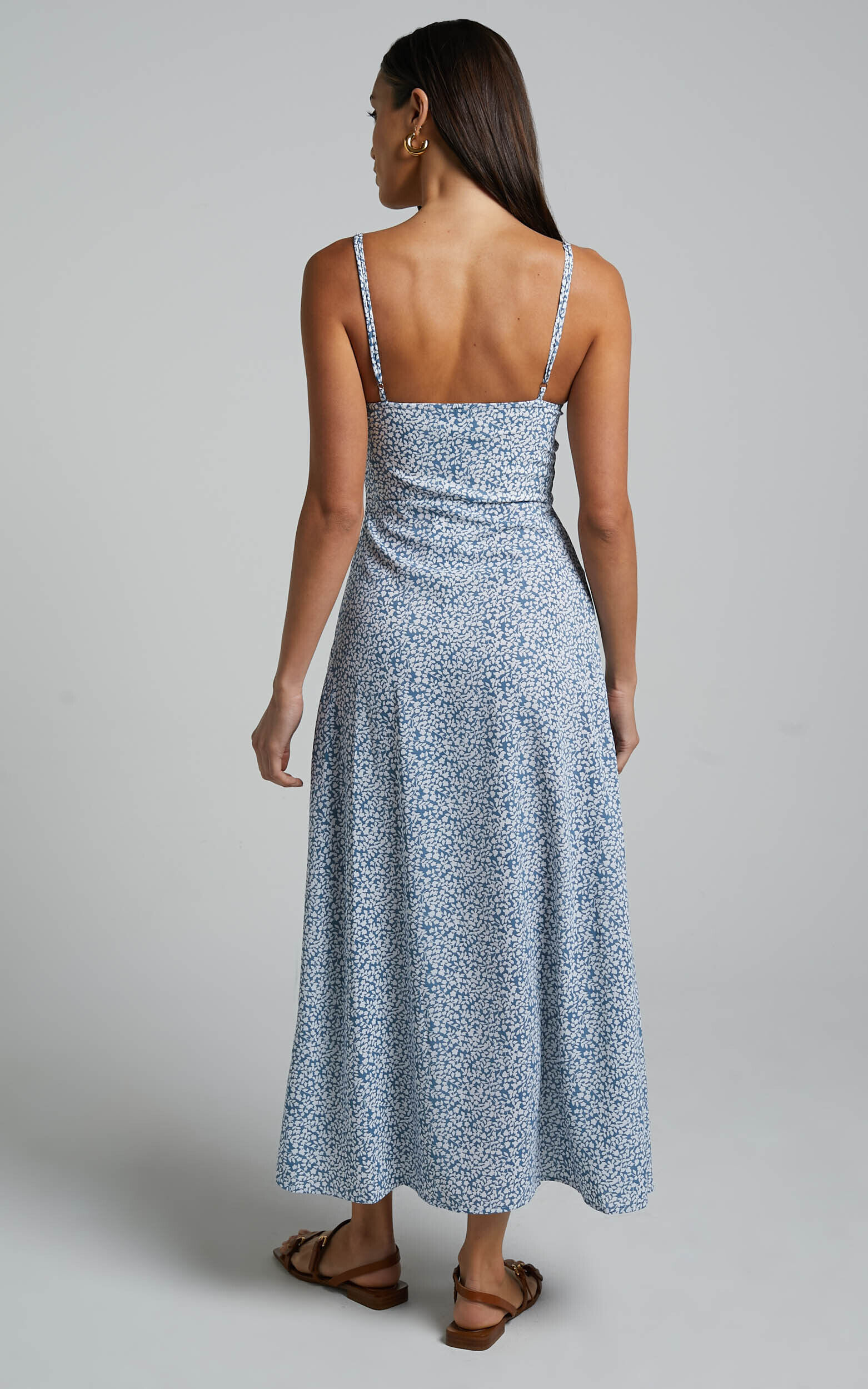 Prudence Midi Dress - Sweetheart Thigh Split Dress in Blue Floral