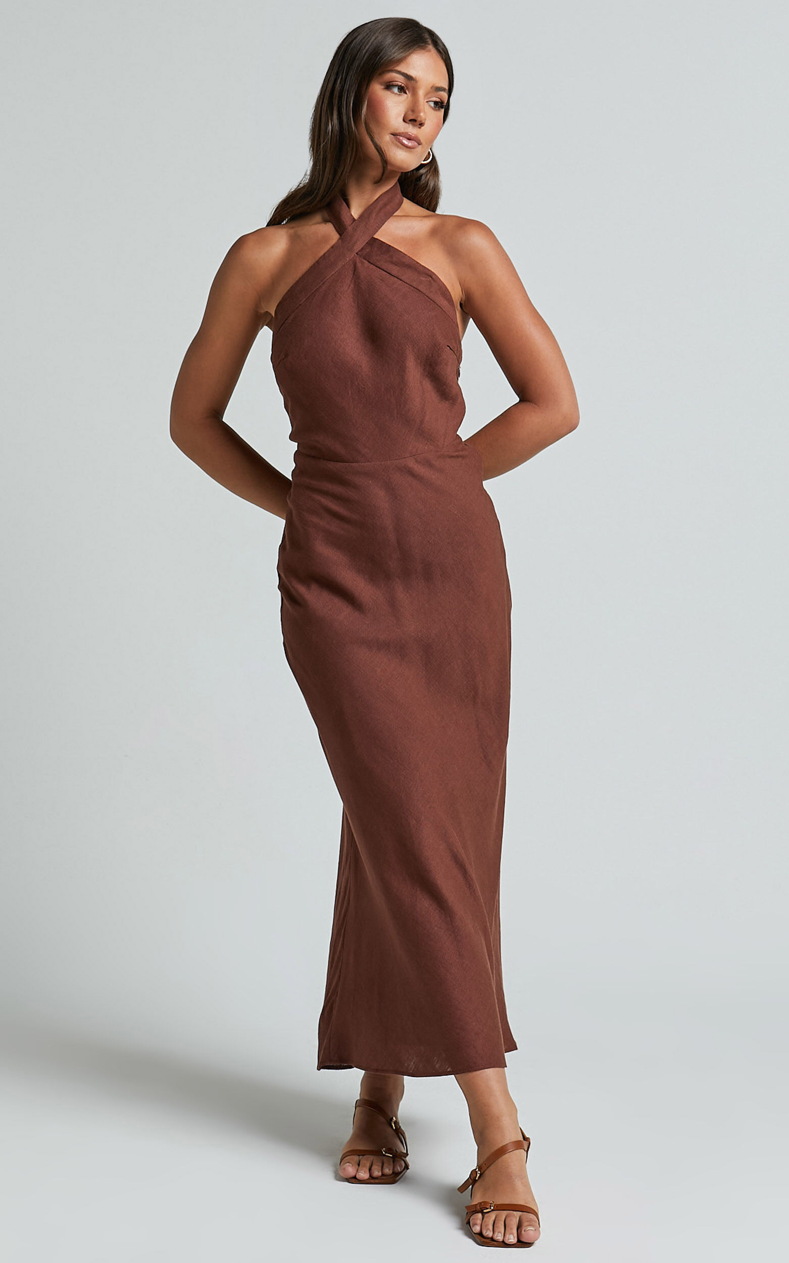 Maelynn Midi Dress - Linen Twist Halter Neck Low Back Slip Dress in Chocolate