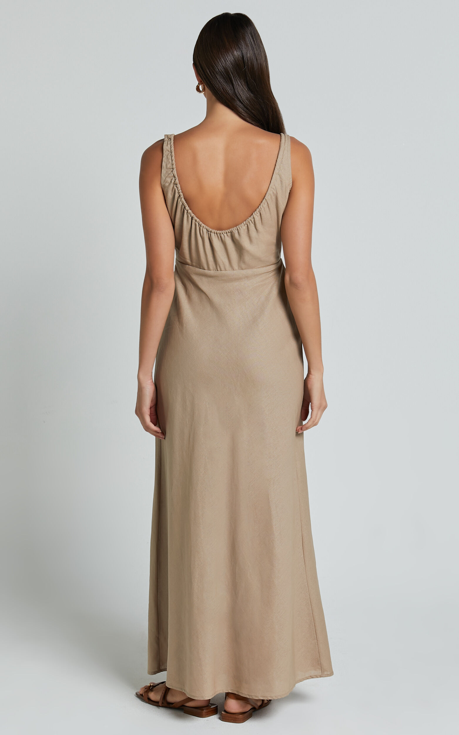Lucas Midi Dress - Ruched Bust Linen Dress in Tobacco