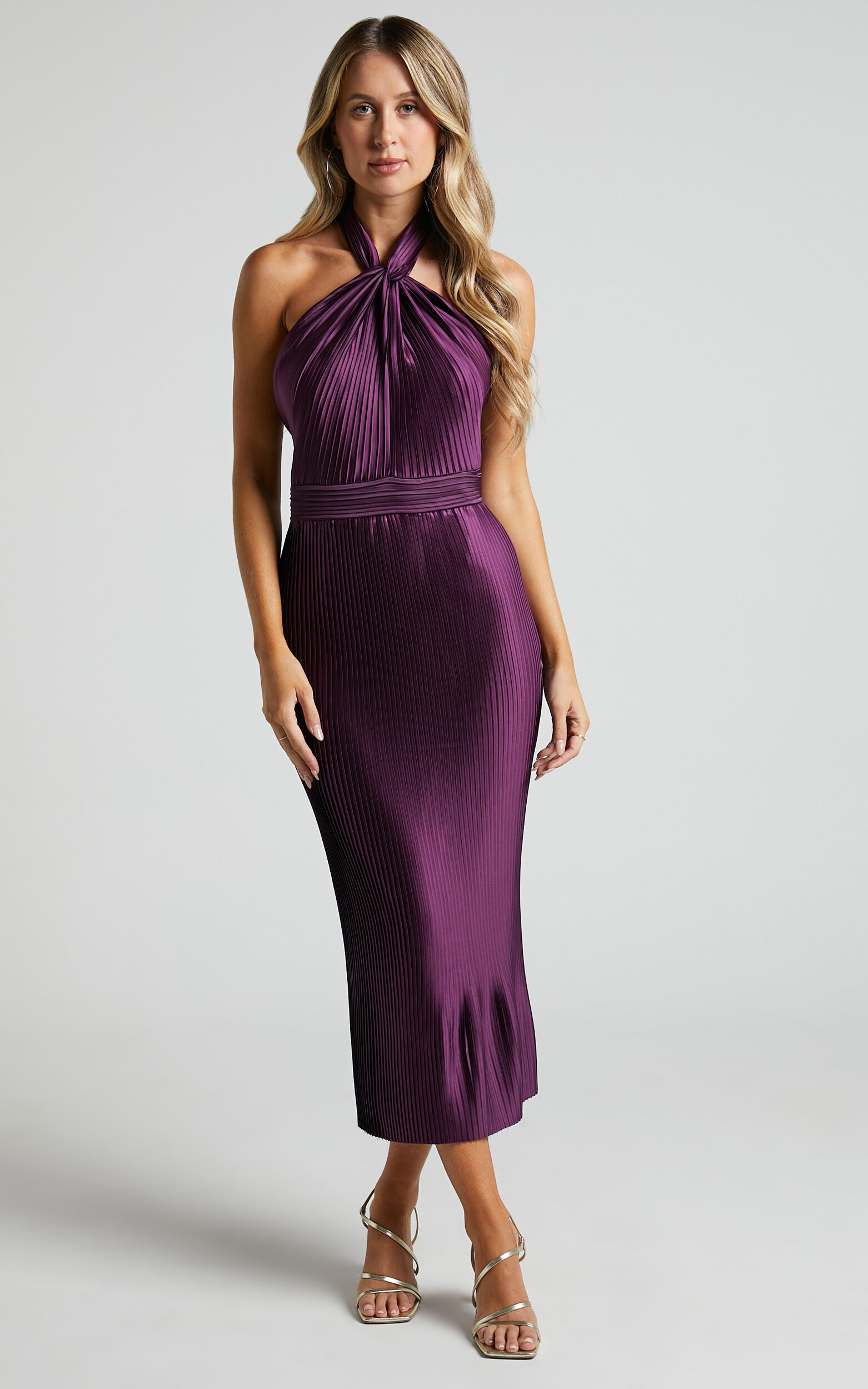 Marlette Midi Dress - Pleated Open Back Halter Dress in Aubergine