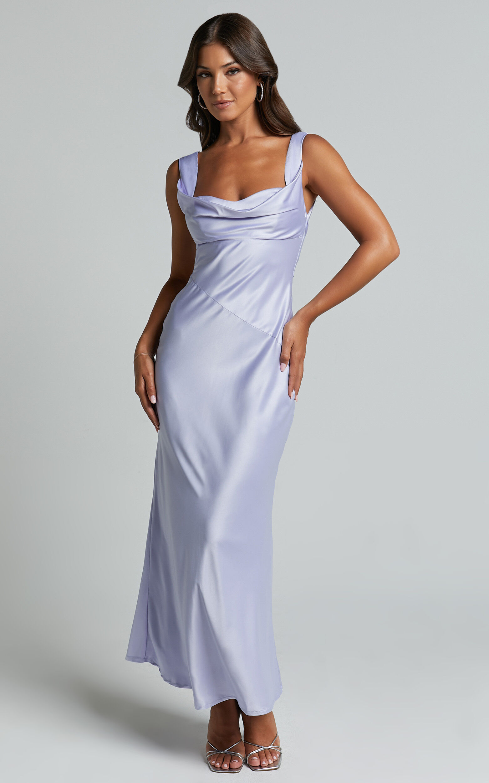 Cecilia Midi Dress - Cowl Neck Satin Bias Cut Dress in Lilac