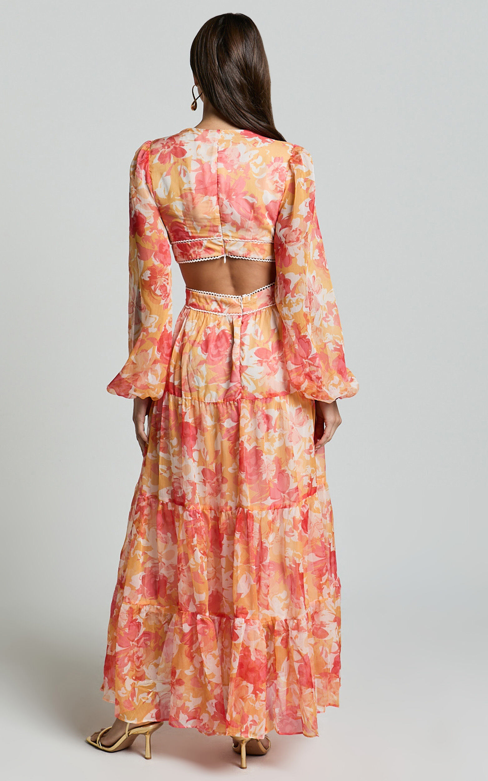 Anthea Midi Dress - V Neck Cut Out Tiered Dress in Yellow Print