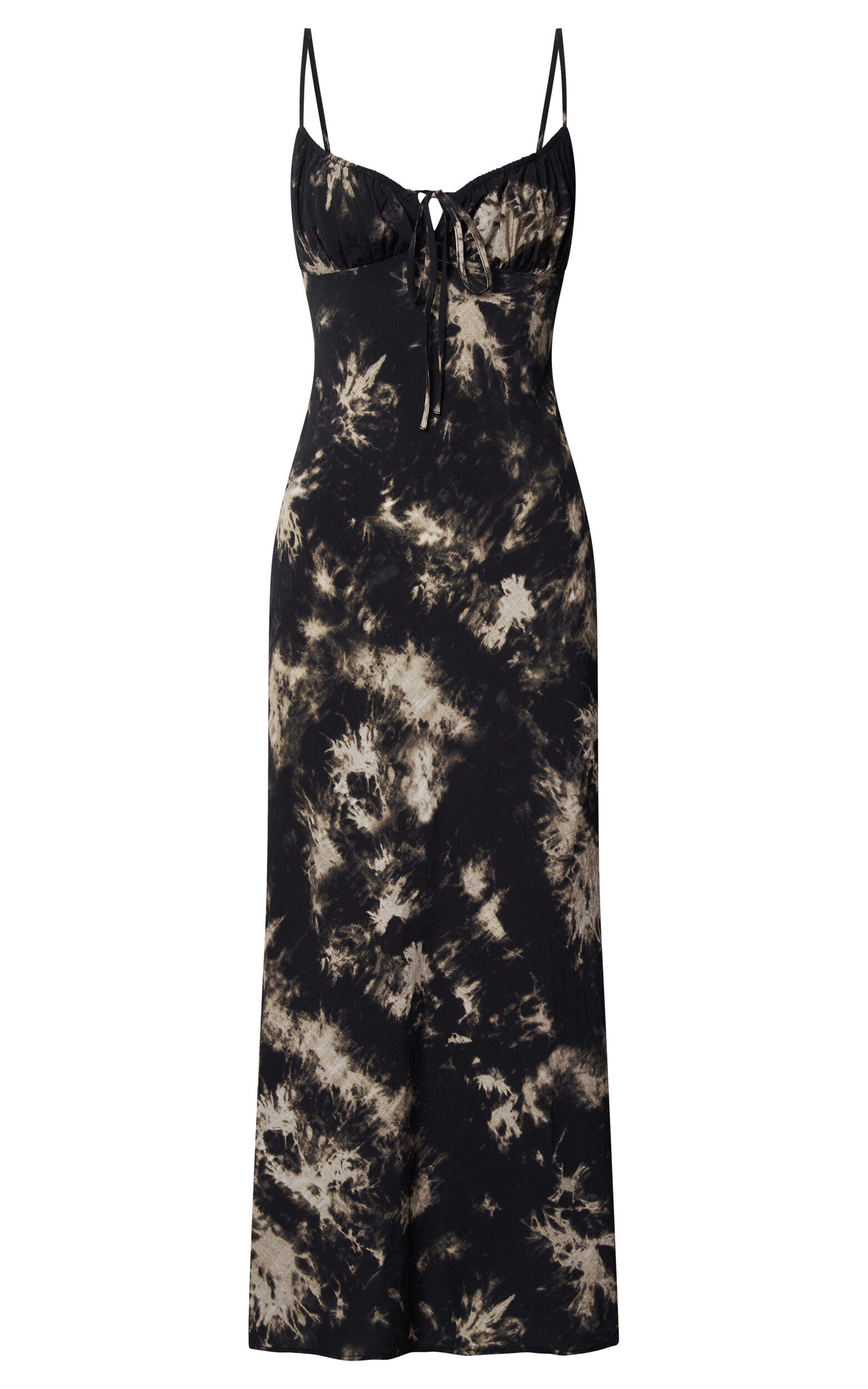 Nicki Midi Dress - Strappy Ruched Bust Slip Dress in Black Tie Dye